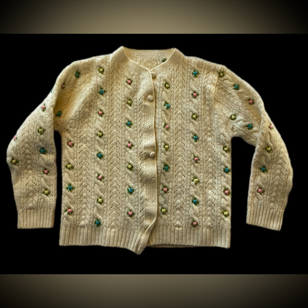 Cream Knit Cardigan with Colorful rose accents - Picture 2 of 7